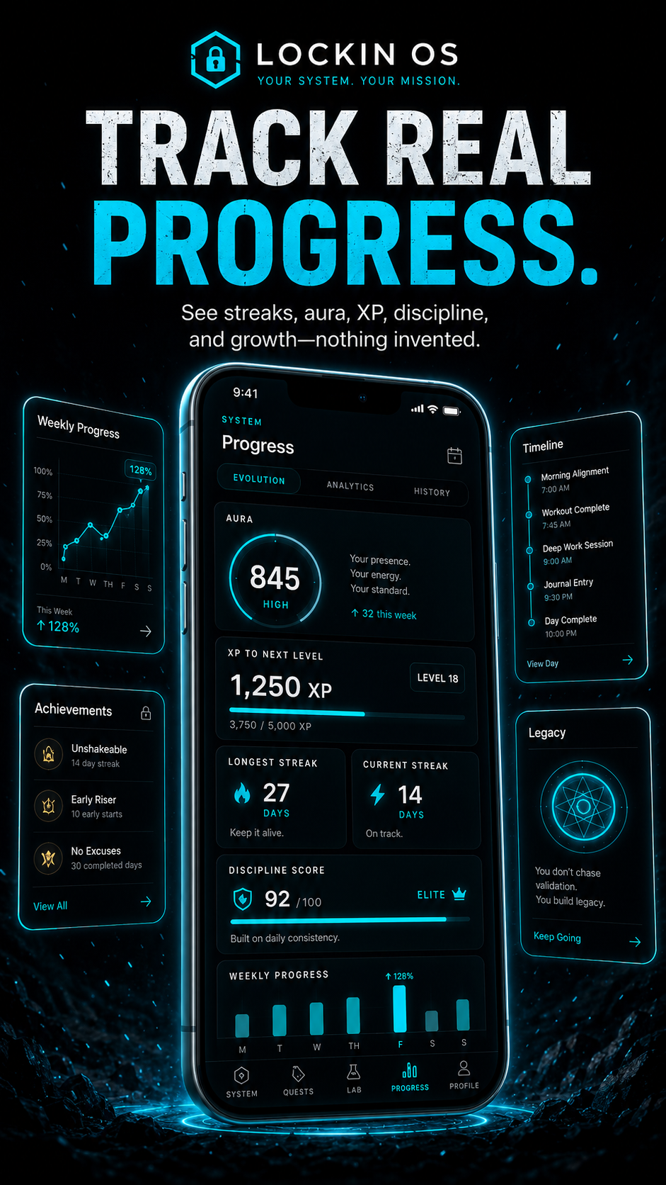 LOCKIN OS — Track Real Progress. XP, streaks, AURA and discipline analytics on a phone.