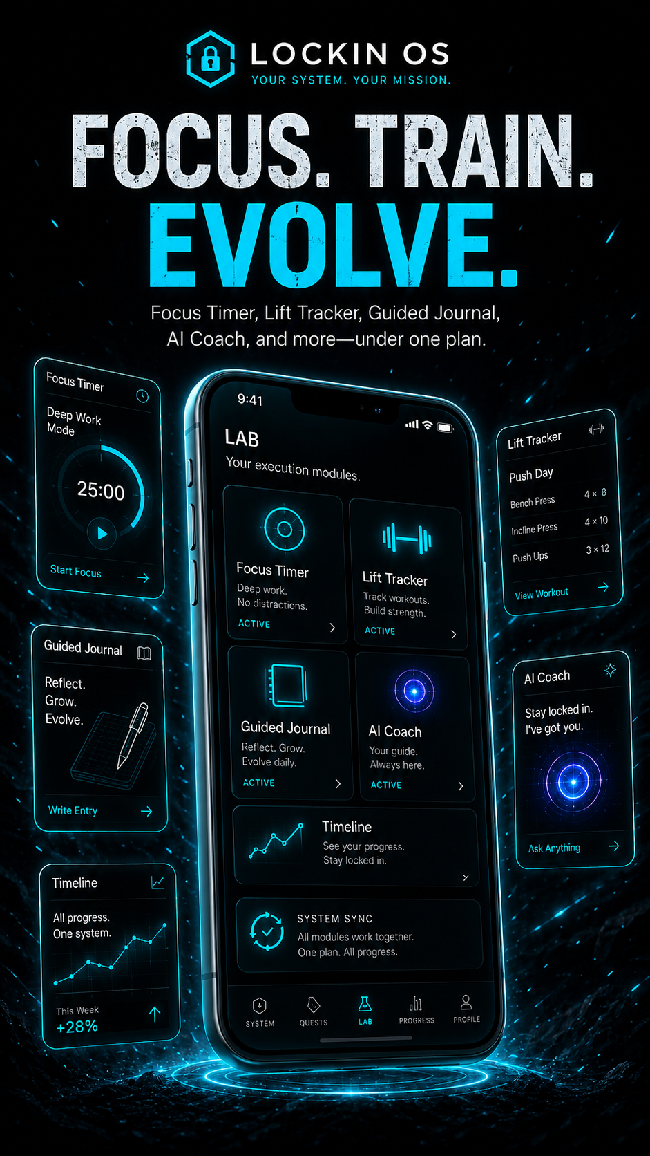LOCKIN OS — Focus. Train. Evolve. Planning and execution modules on a phone.