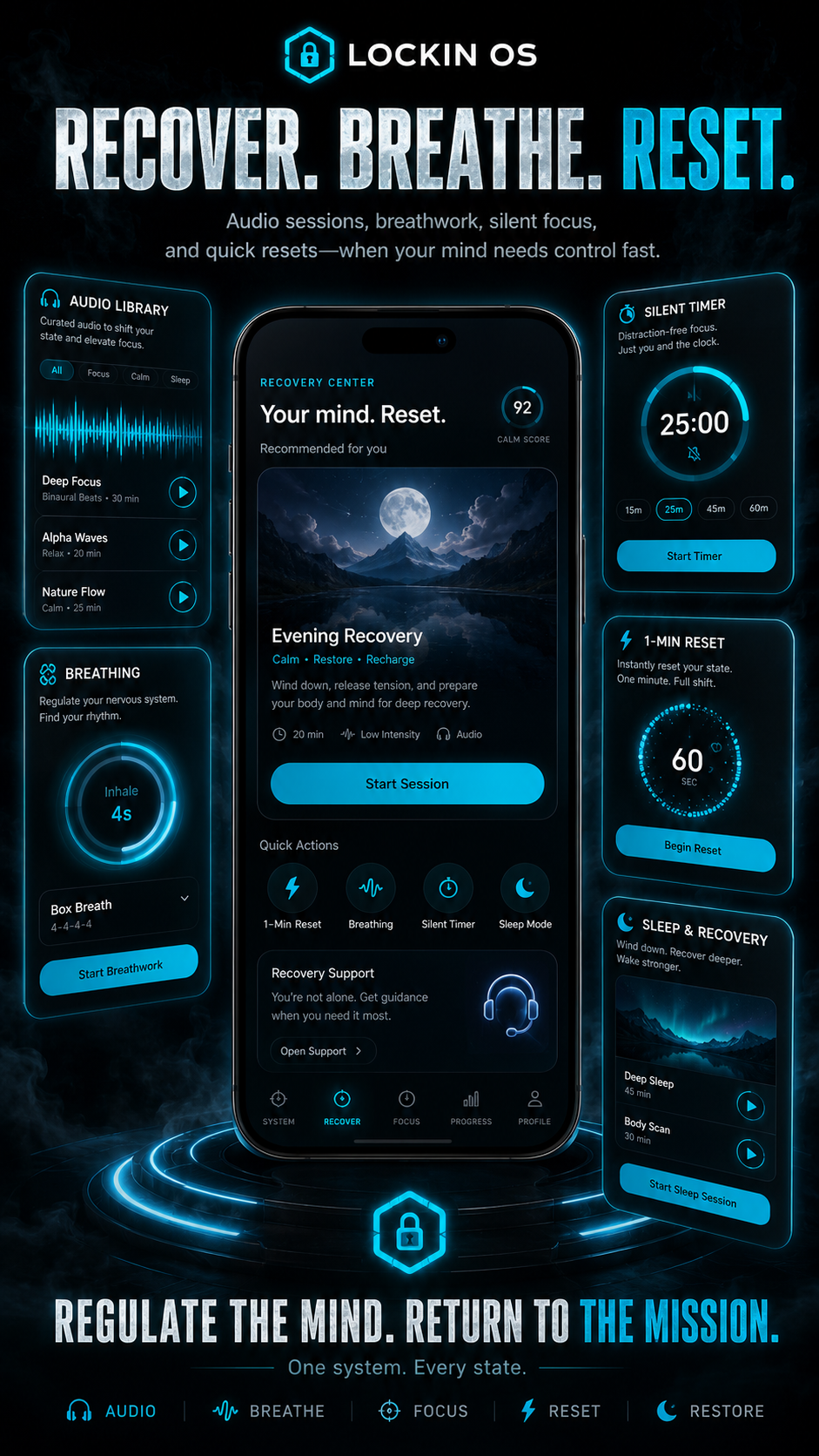 LOCKIN OS Stillness — Recover. Breathe. Reset. Recovery center on a phone.