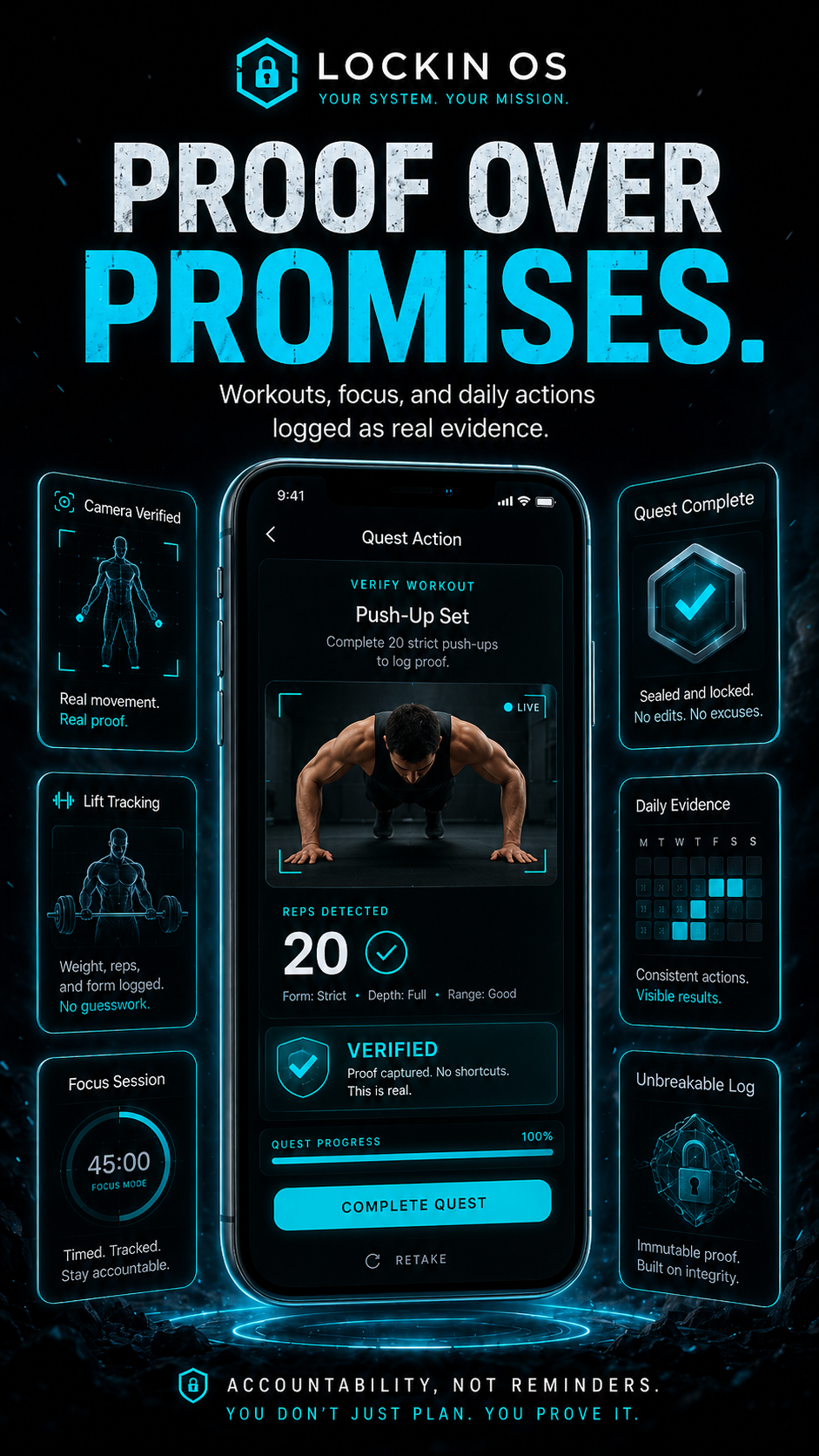 LOCKIN OS — Proof Over Promises. Camera-verified workout evidence on a phone.