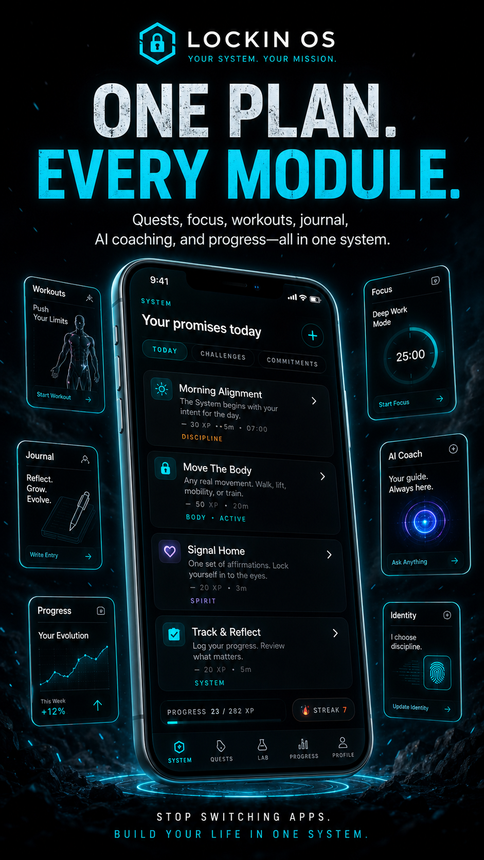 LOCKIN OS — One Plan. Every Module. Official product visual showing the system dashboard on a phone.