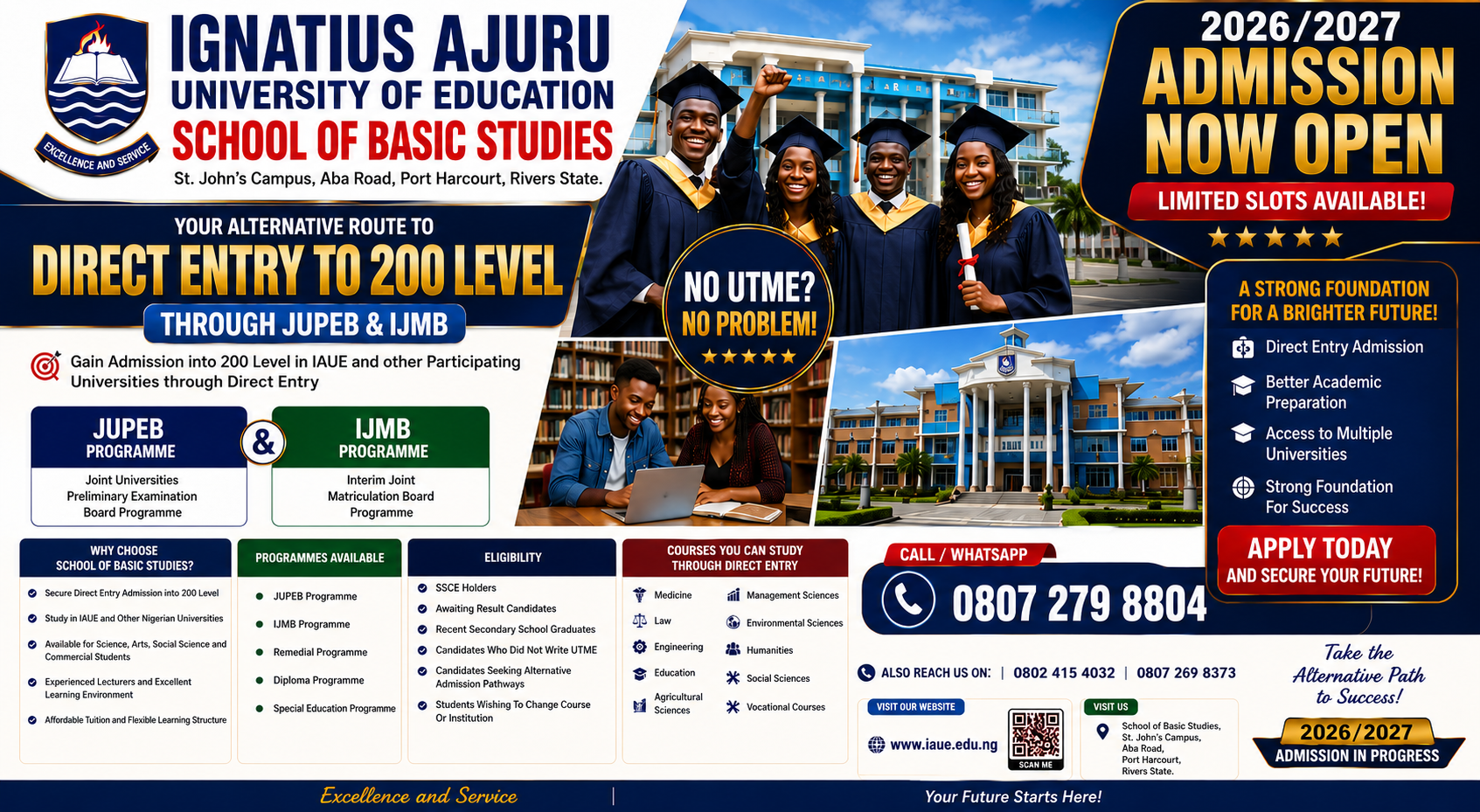 IAUE School of Basic Studies — JUPEB & IJMB admission flyer