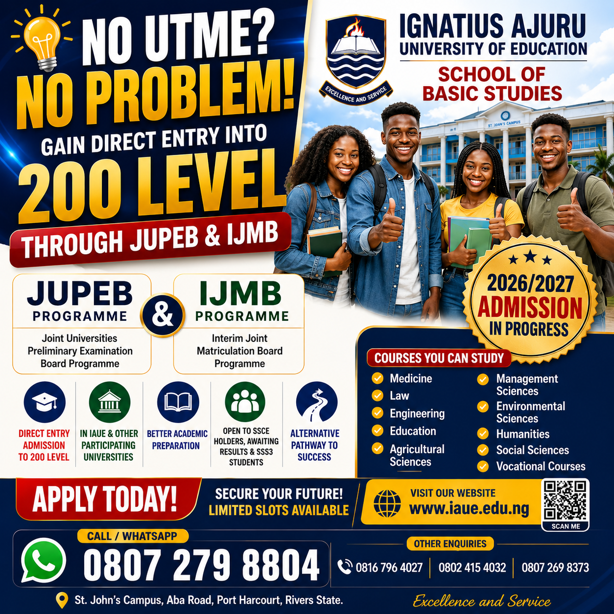 IAUE School of Basic Studies JUPEB & IJMB admission flyer