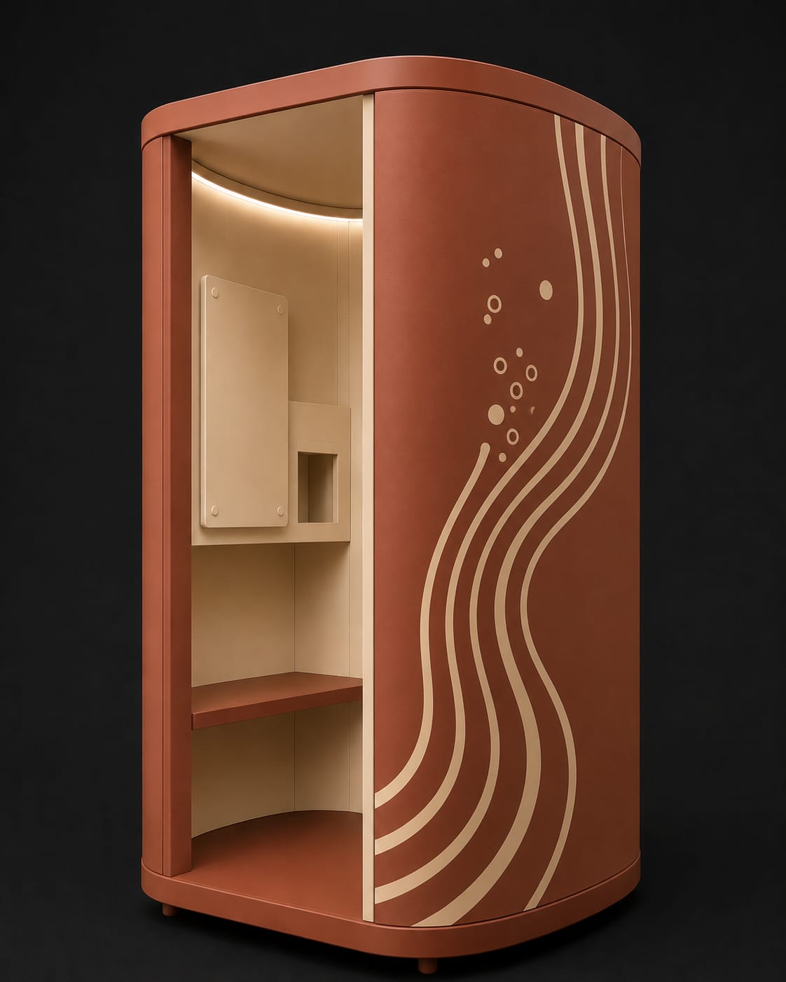Piczoo booth: Terracotta Sanctum. Rust · Sand line-art · Warm interior.