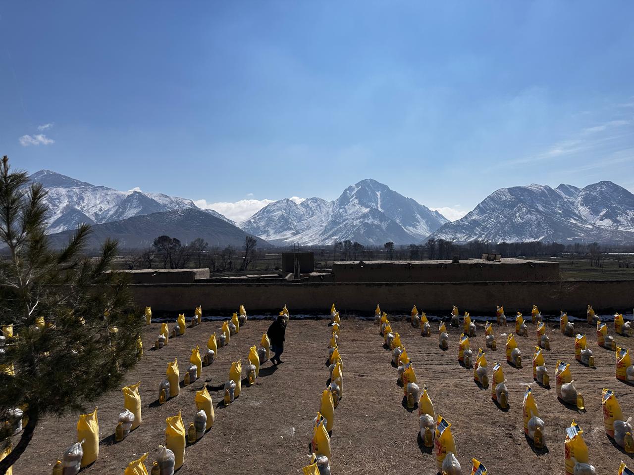 Rows of aid distribution bags with snow-capped mountain backdrop — Adam Holdings on-ground philanthropy