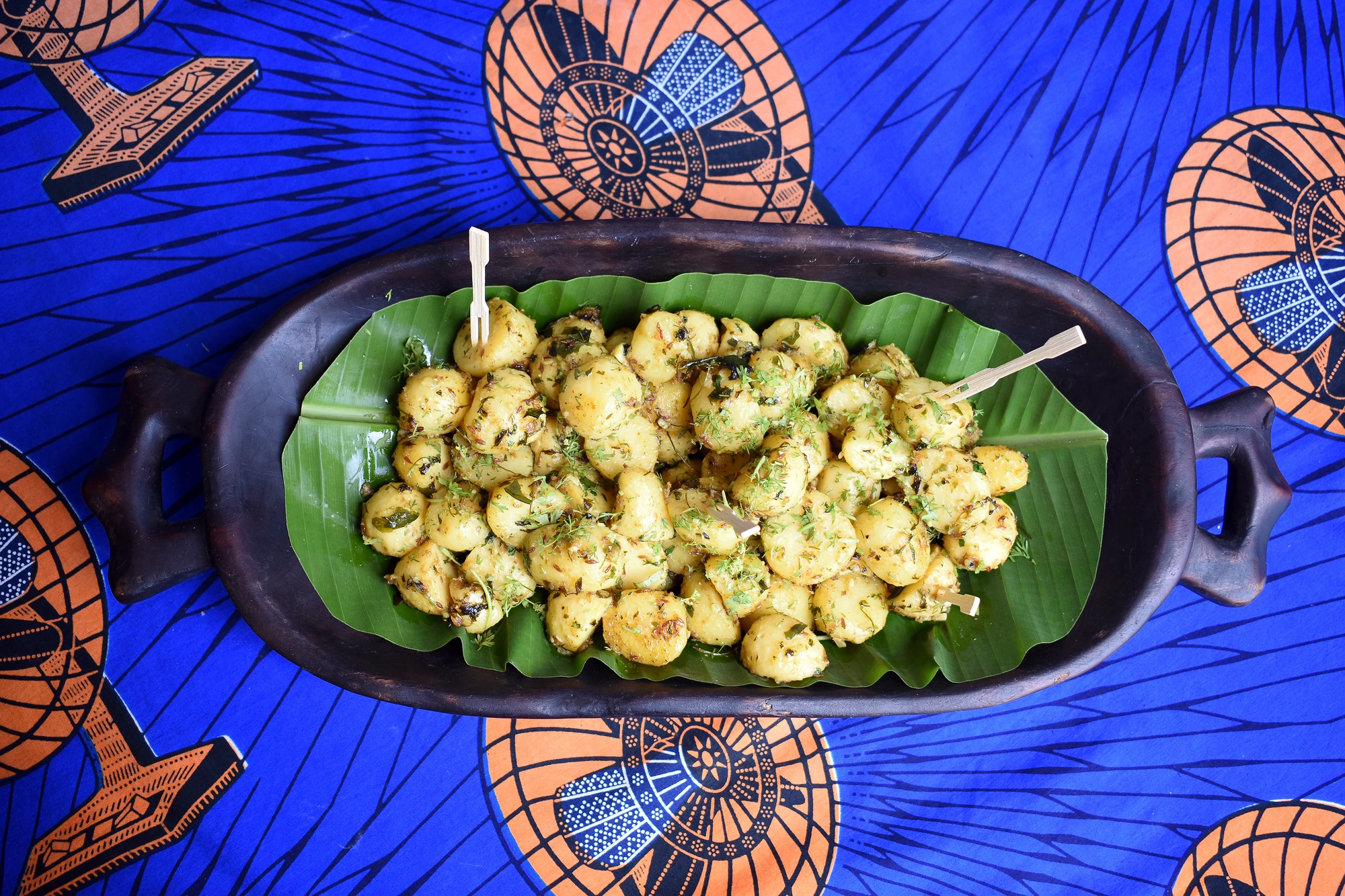 Baby potatoes on a banana leaf