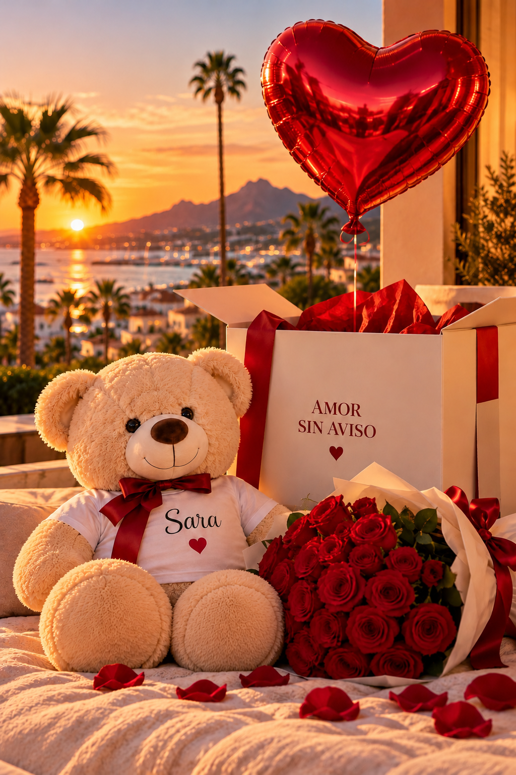 Osito personalizado, ramo de rosas y caja sorpresa con globos corazón frente a la puesta de sol de Marbella