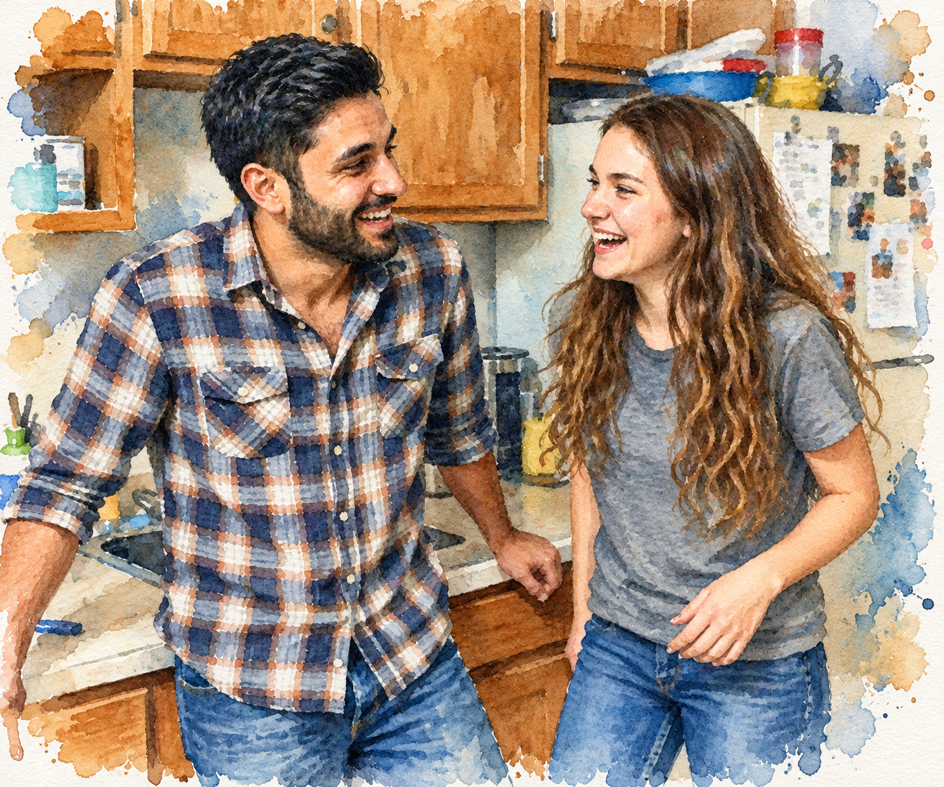 Watercolour painting of Ella and Dex laughing together in their kitchen