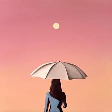 A woman beneath a white umbrella under a pink evening sky