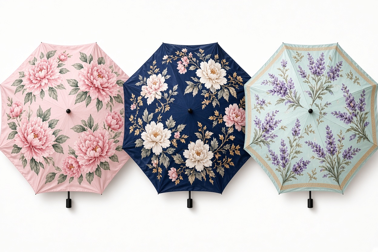 Three floral umbrella palettes — peony pink, midnight mum and lavender mist