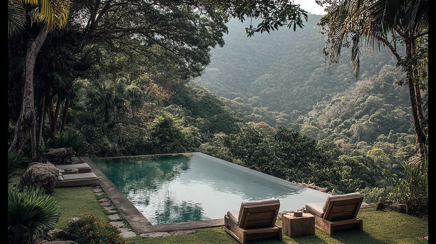 Compañeros, infinity pool cut into the hillside overlooking the misted cloud-forest canopy of the Eje Cafetero