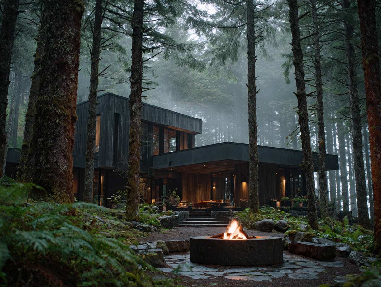 NORD, timber lodge at dusk with fire pit clearing in old-growth forest