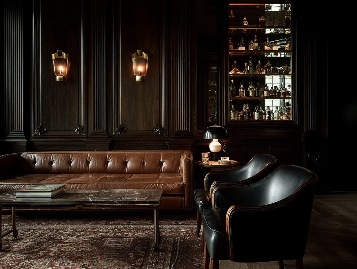 Wolfram, library lounge with cognac tufted-leather chesterfield, brass sconces, a mirrored spirits cabinet and Persian rug