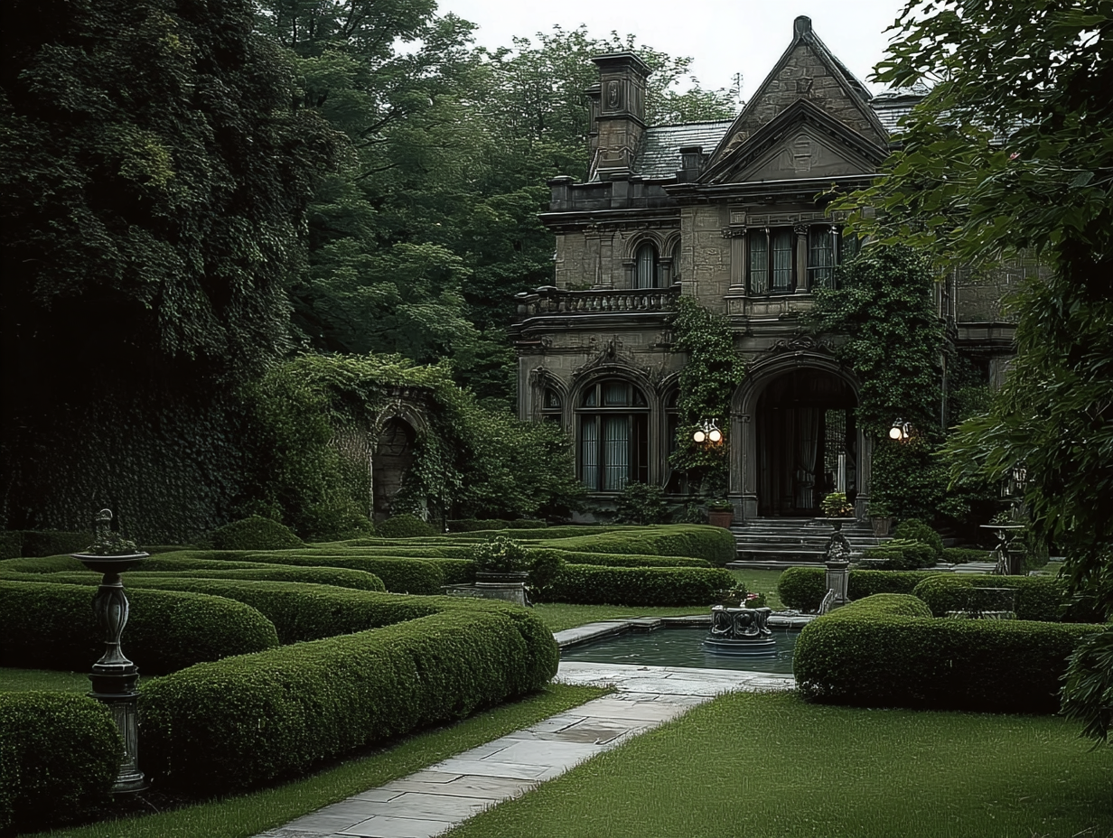 Wolfram, formal boxwood labyrinth and stone urns fronting an ivy-clad Gothic manor at dusk with lit lanterns flanking the entry