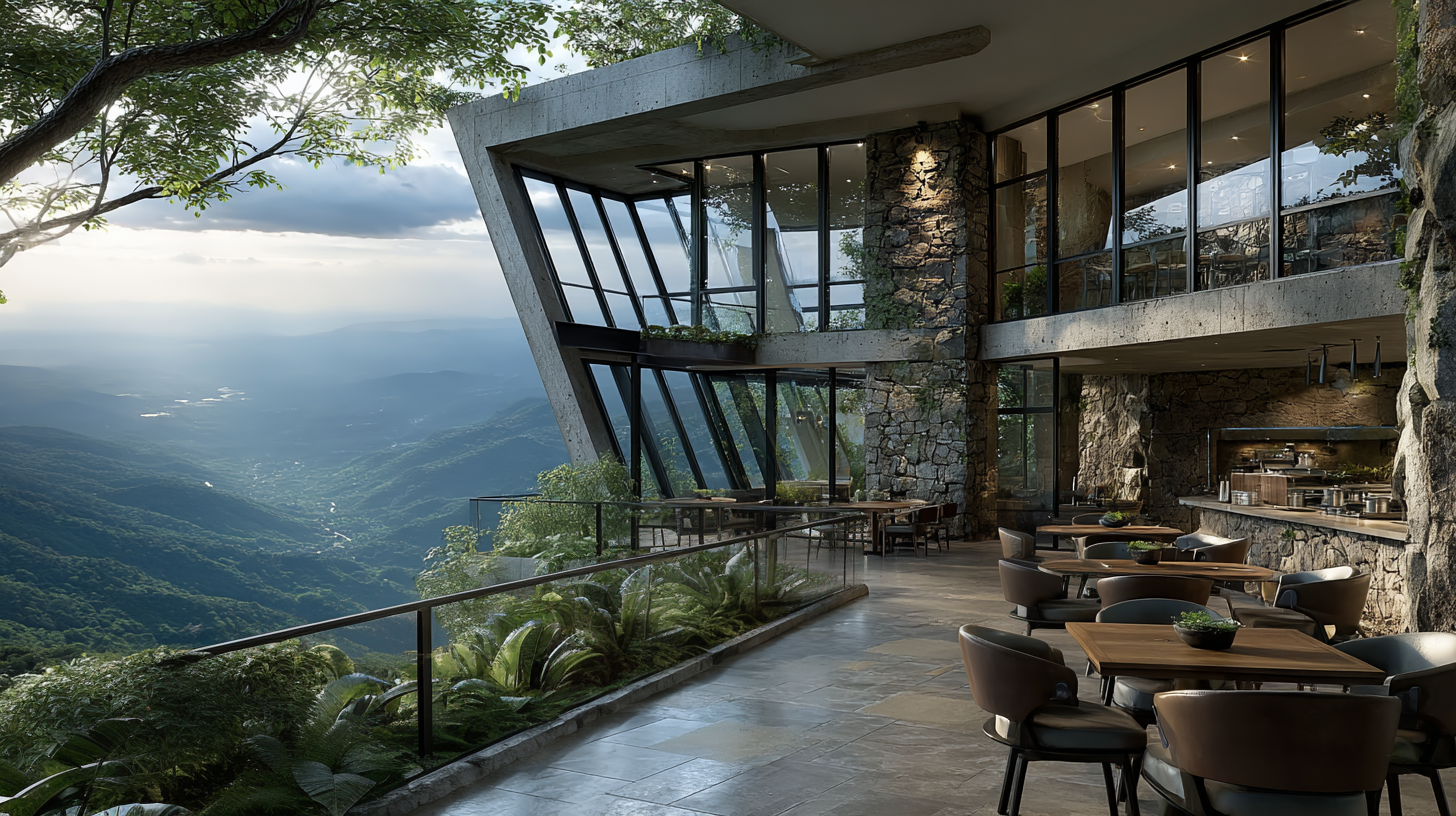 Compañeros, cantilevered concrete-and-stone terrace restaurant perched above the Andean coffee valley at dusk