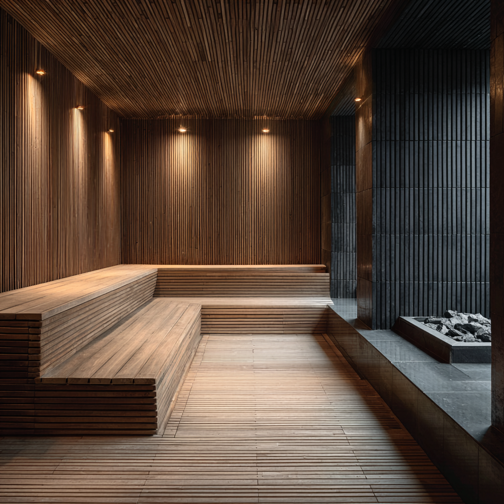 Monolith, cedar sauna interior with basalt hearth