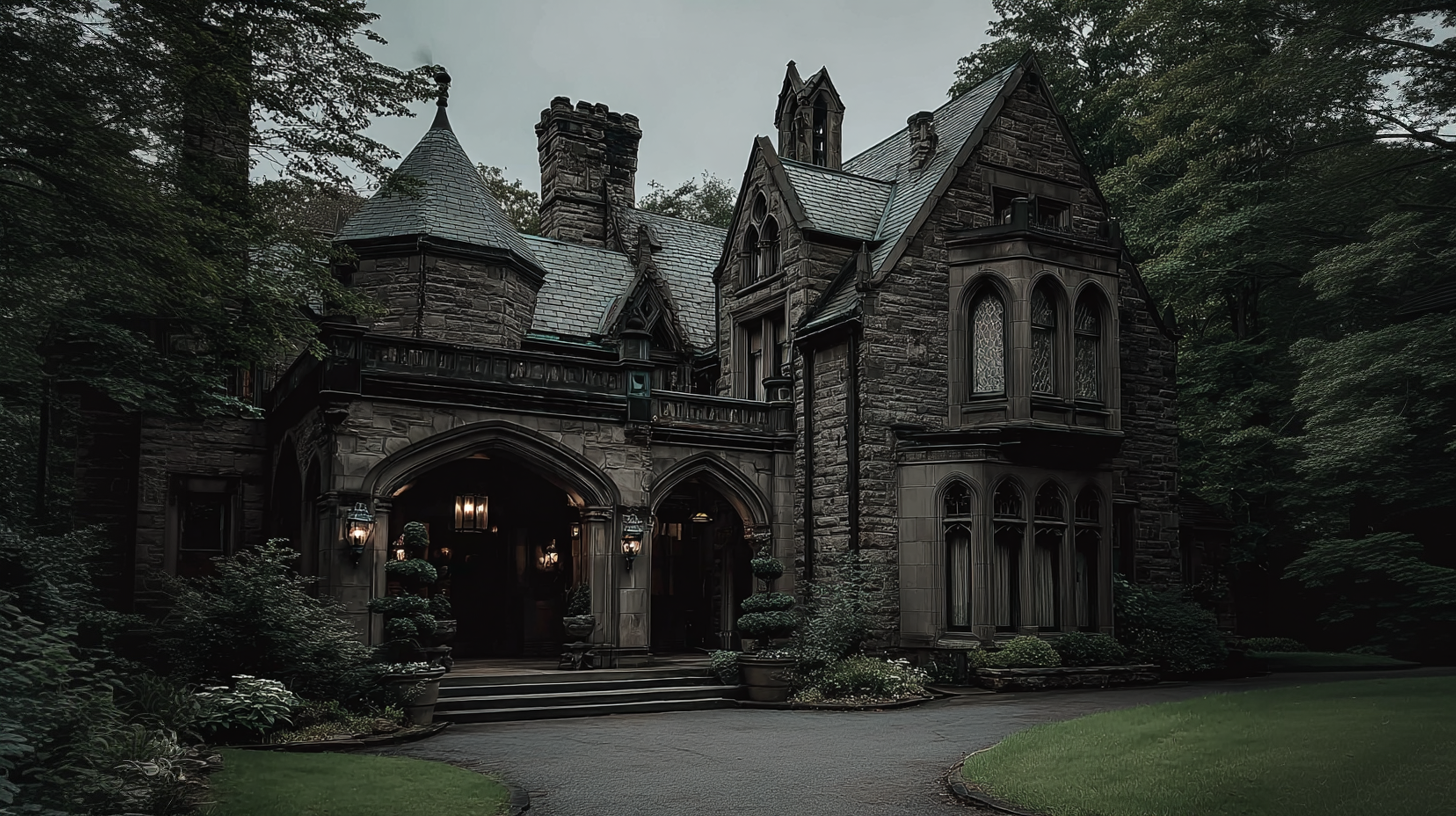 Wolfram, moody Gothic-Victorian stone estate at dusk with slate rooftops, mullioned windows and lantern-lit archways set against a dark treeline