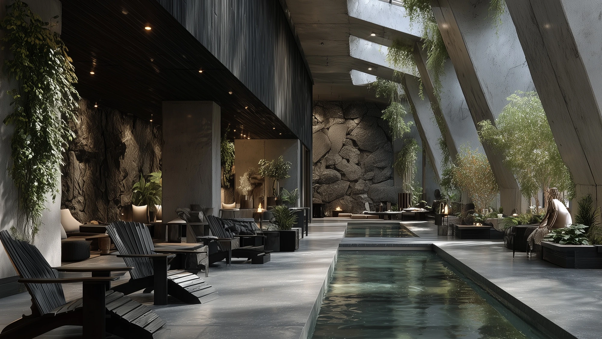 Monolith, thermal pool hall with skylights, basalt wall and reclining lounge chairs