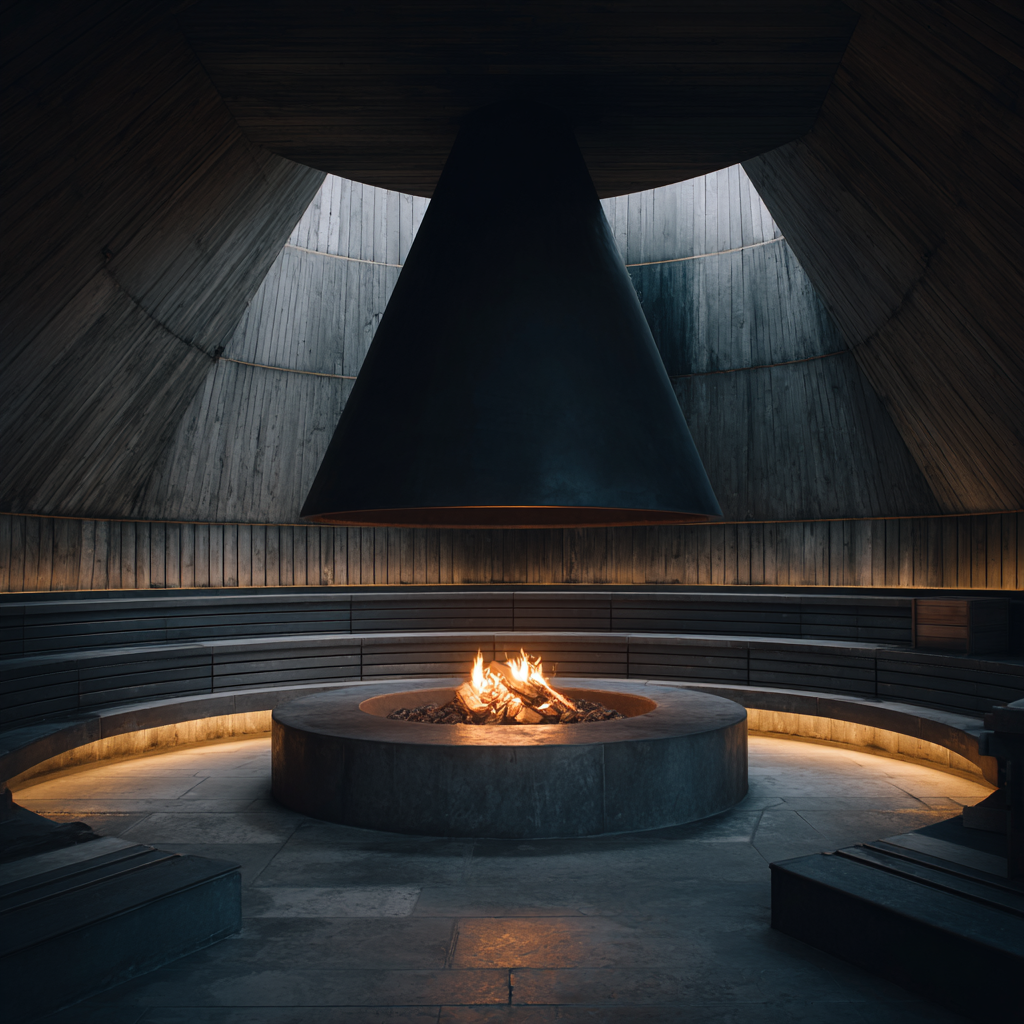 NORD, ceremonial fire hall with conical blackened hood, circular hearth and continuous banquette