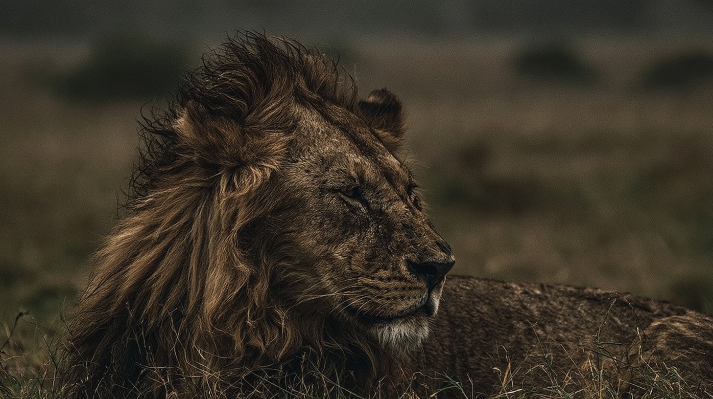 A lion in profile, resting in golden savanna grass, Maasai Mara