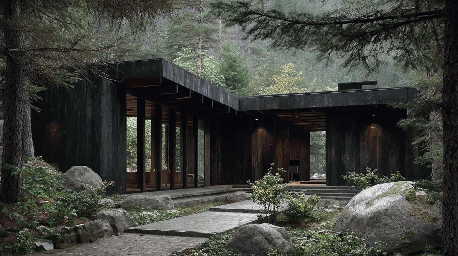 NORD, charred timber pavilion nested in Pacific Northwest forest with boulders and understory