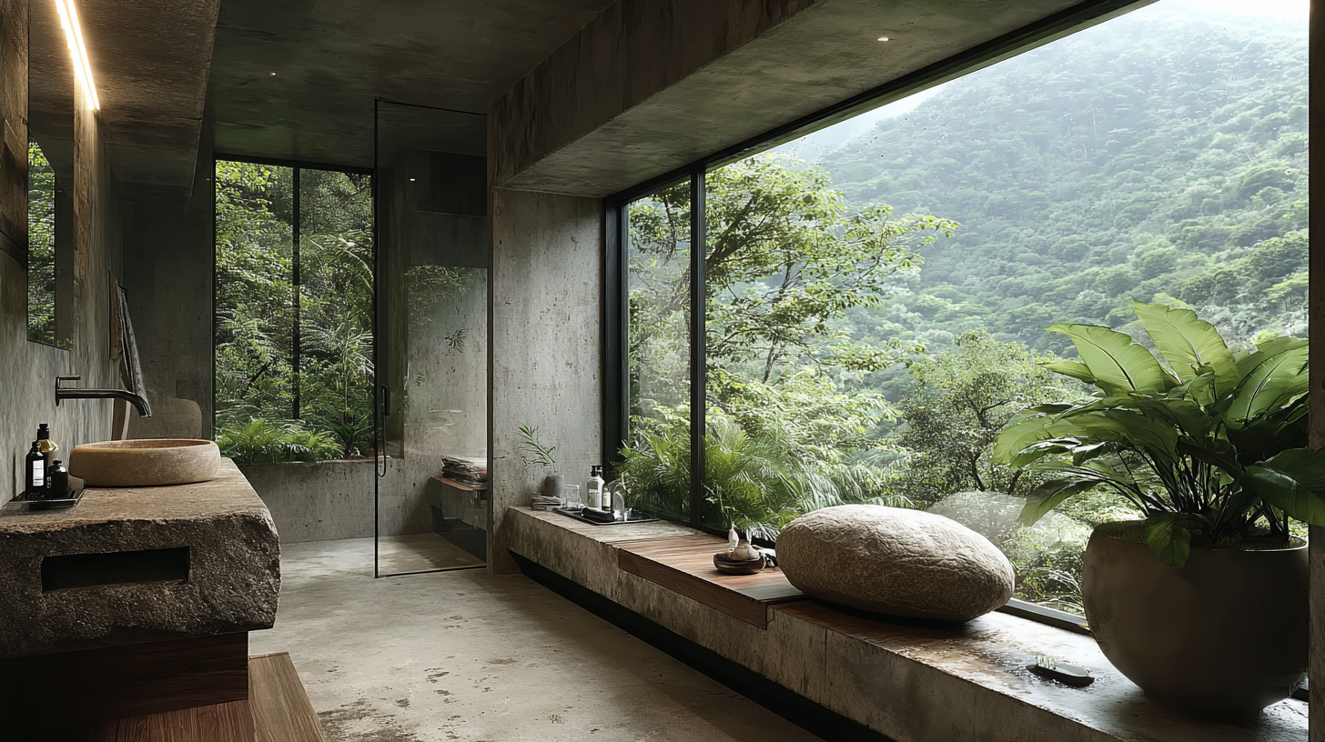 Compañeros, poured-concrete bathroom with monolithic river-stone vessel sink, timber ledge and floor-to-ceiling window onto the jungle