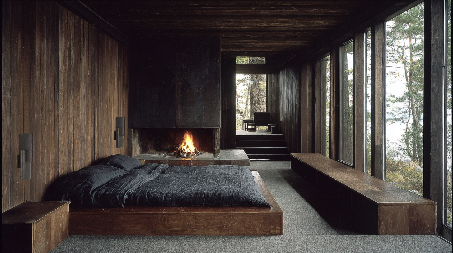 NORD, cabin bedroom with blackened steel hearth, low platform bed and floor-to-ceiling forest windows