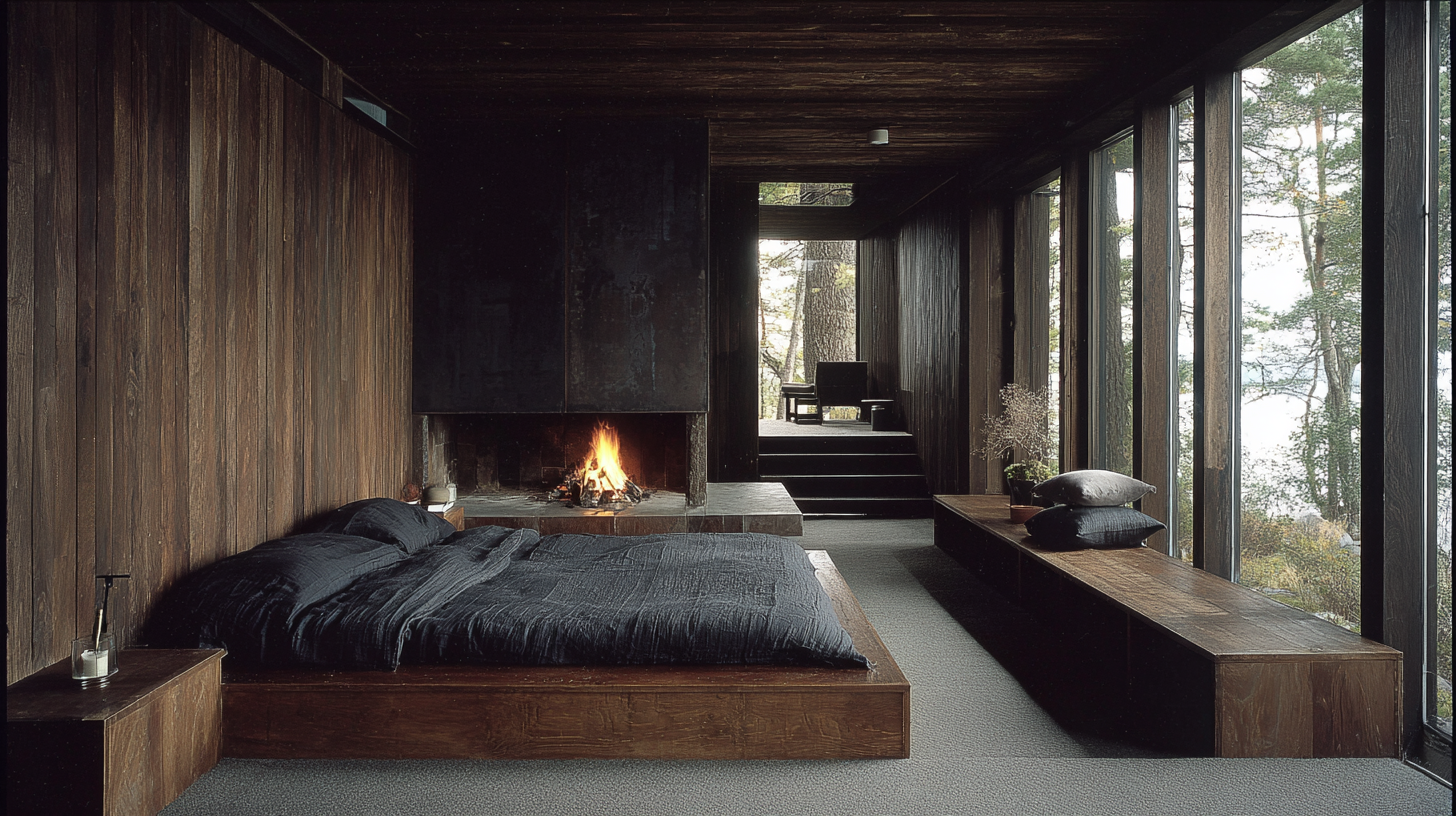 NORD, curved charred-timber corridor leading to the thermal bath sequence with stone floor