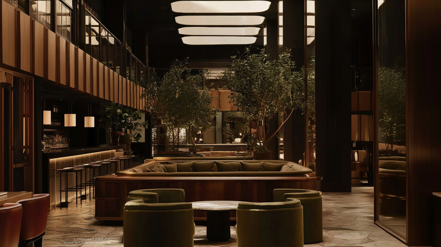 Monolith, communal lounge with olive banquettes and rosewood bar