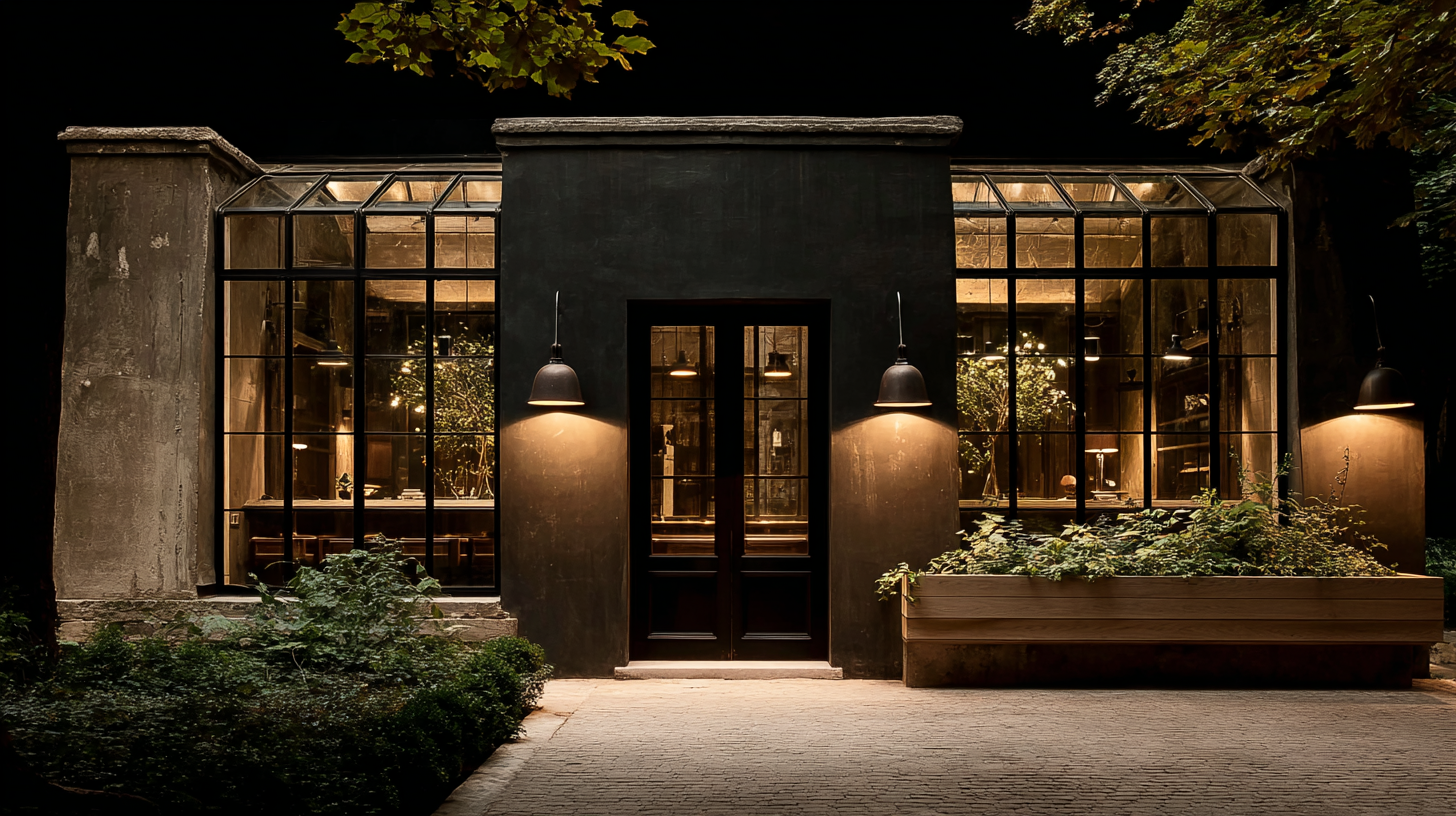 Wolfram, blackened steel-frame solarium at night with warm interior glow, pendant lanterns and a walled botanical garden