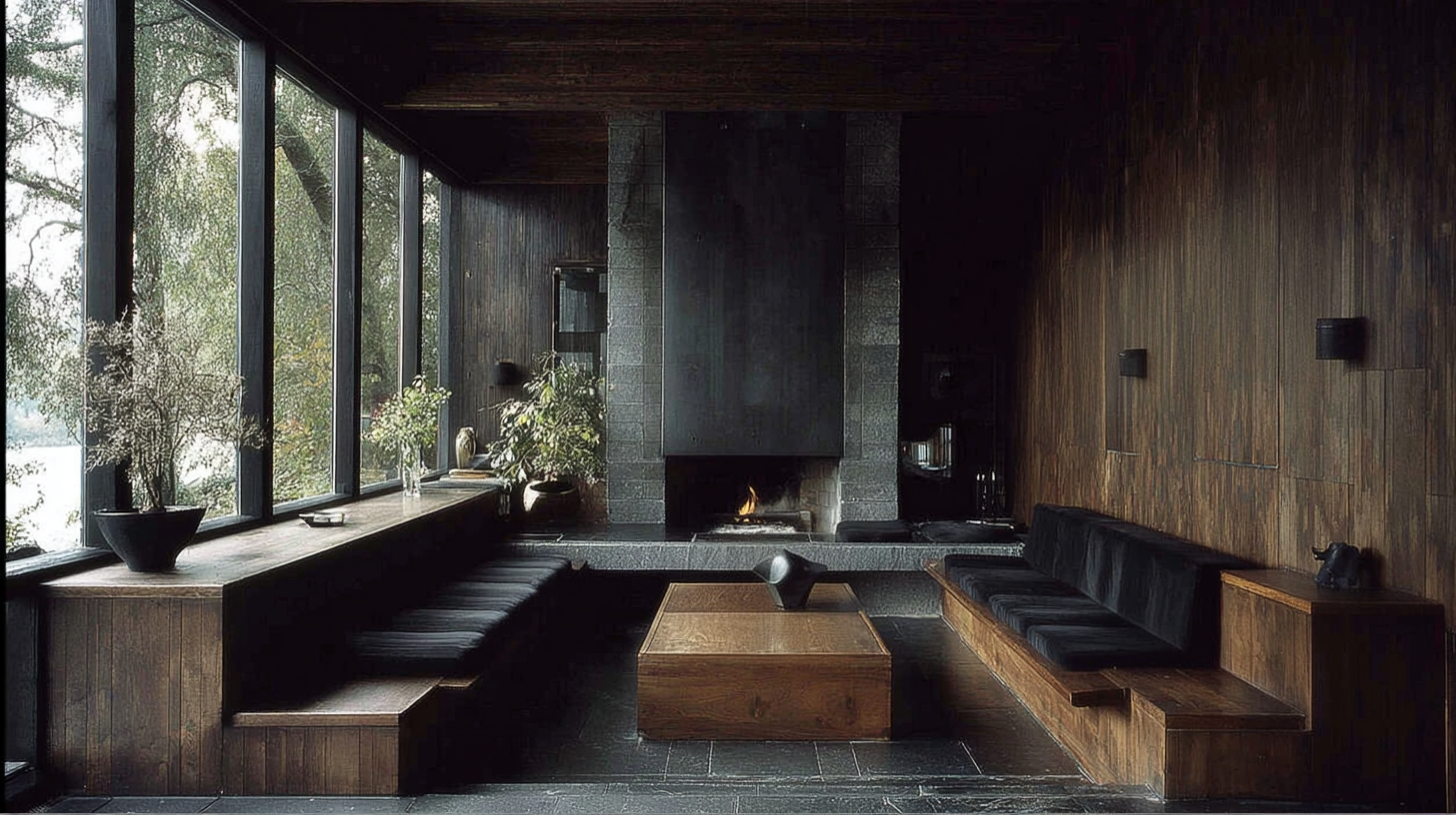 NORD, communal lounge with dark timber, stone hearth, low banquettes and lake-facing glazing