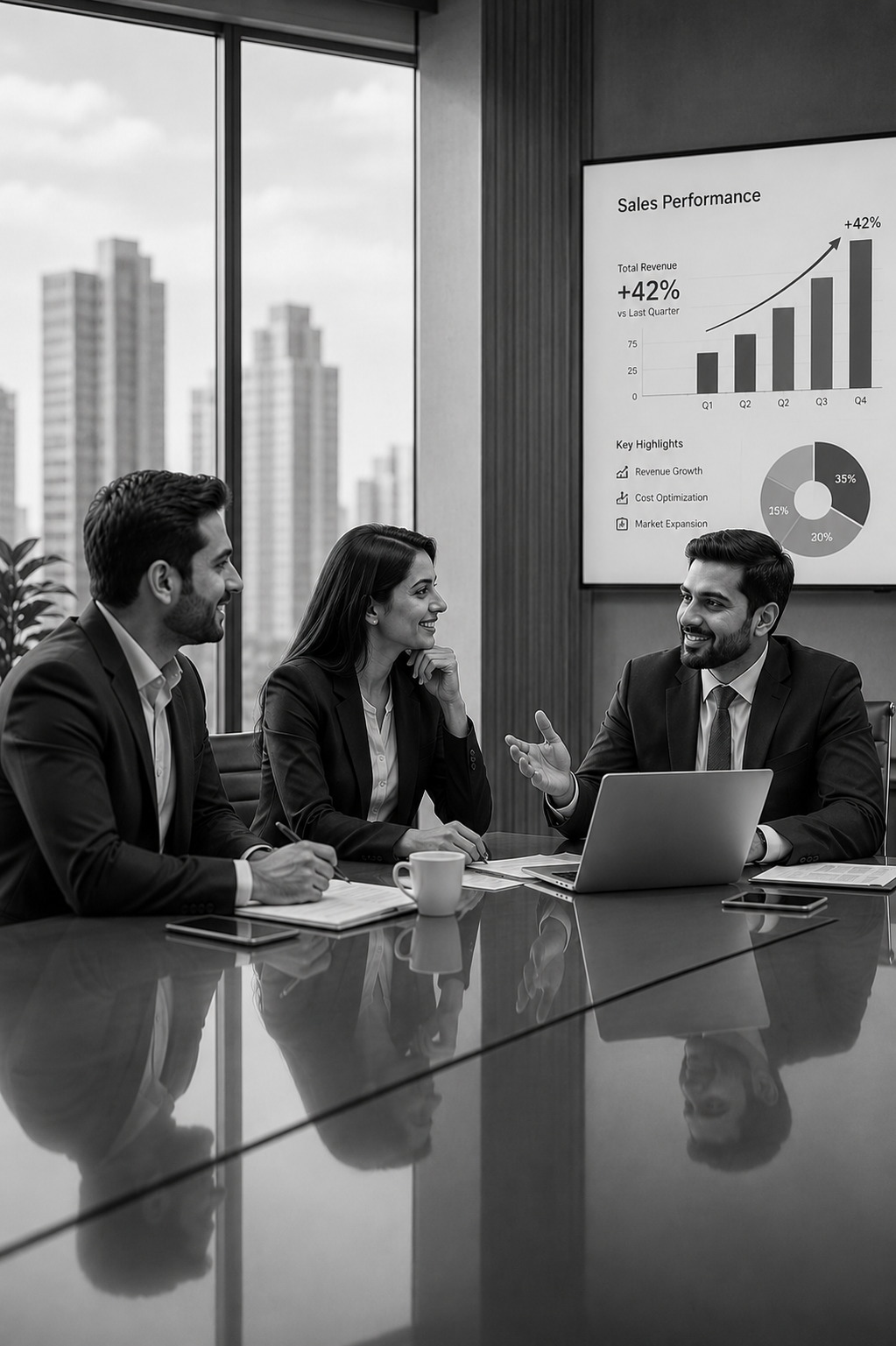 Consultants discussing strategy with client in boardroom