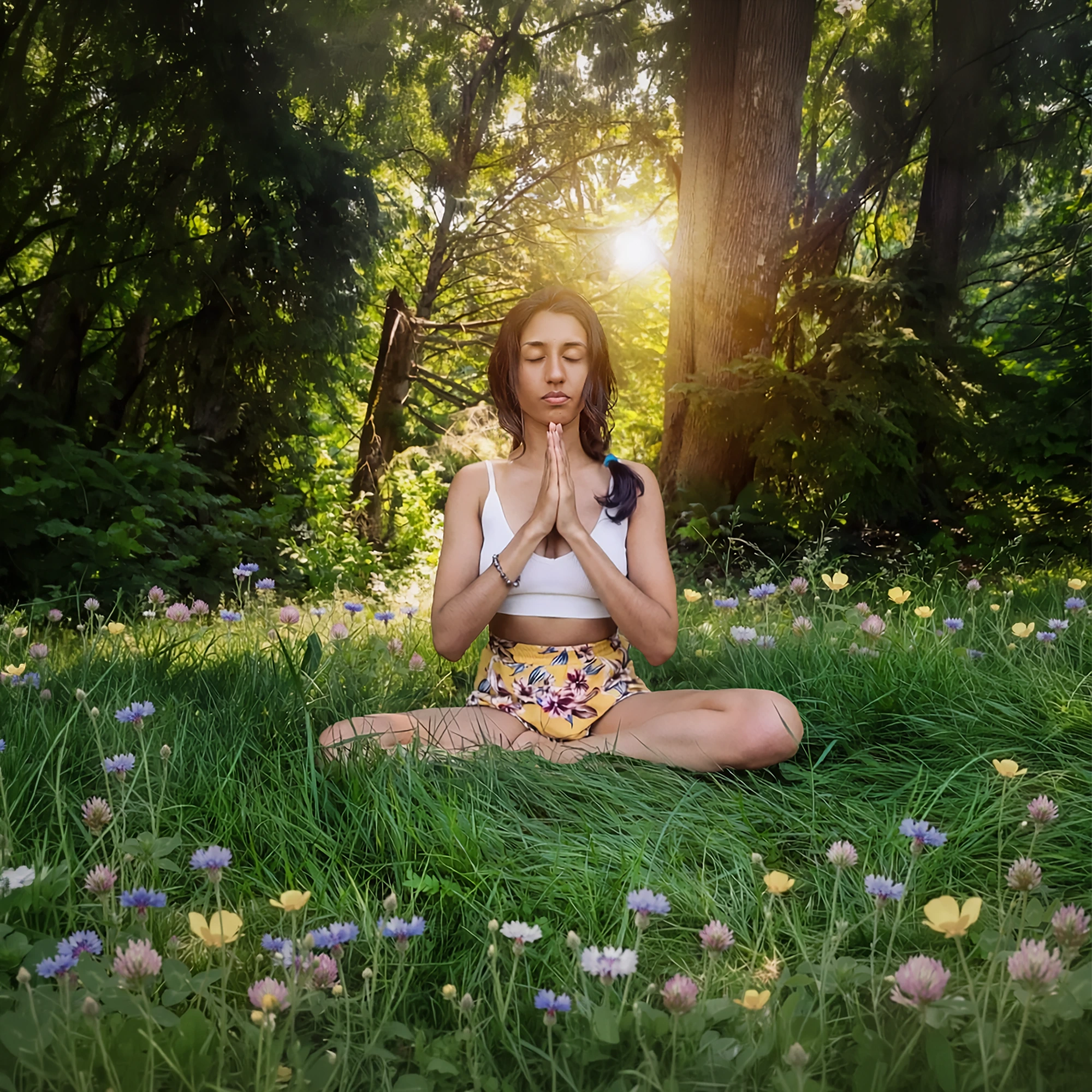 Marissa meditating in a sunlit meadow