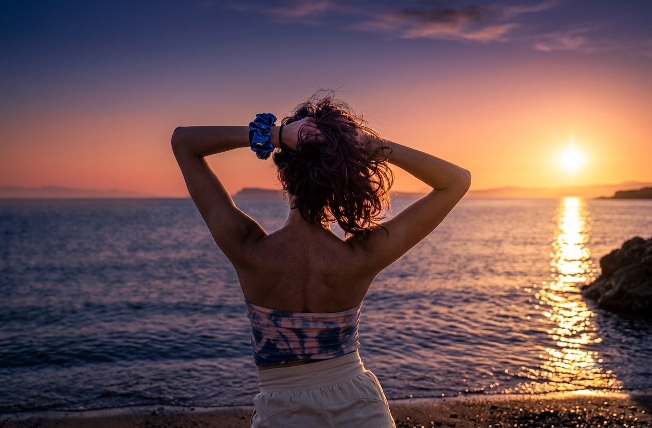 Marissa at the edge of the sea, watching a golden sunset