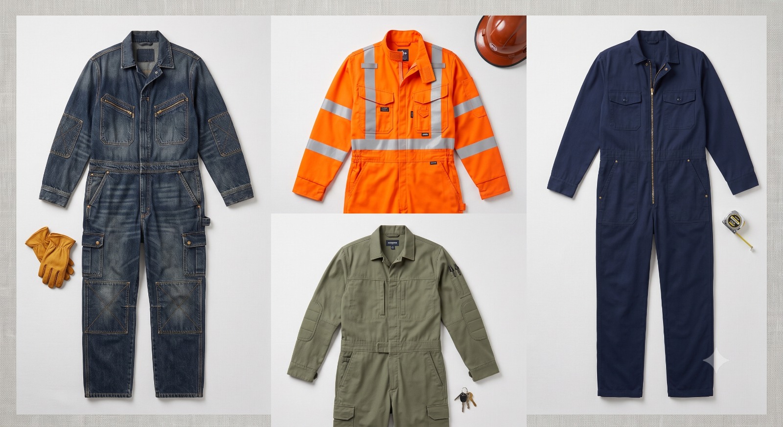 Customade workwear range — denim coverall, hi-viz orange safety jacket with reflective tape, olive-green two-piece coverall, and navy plain coverall