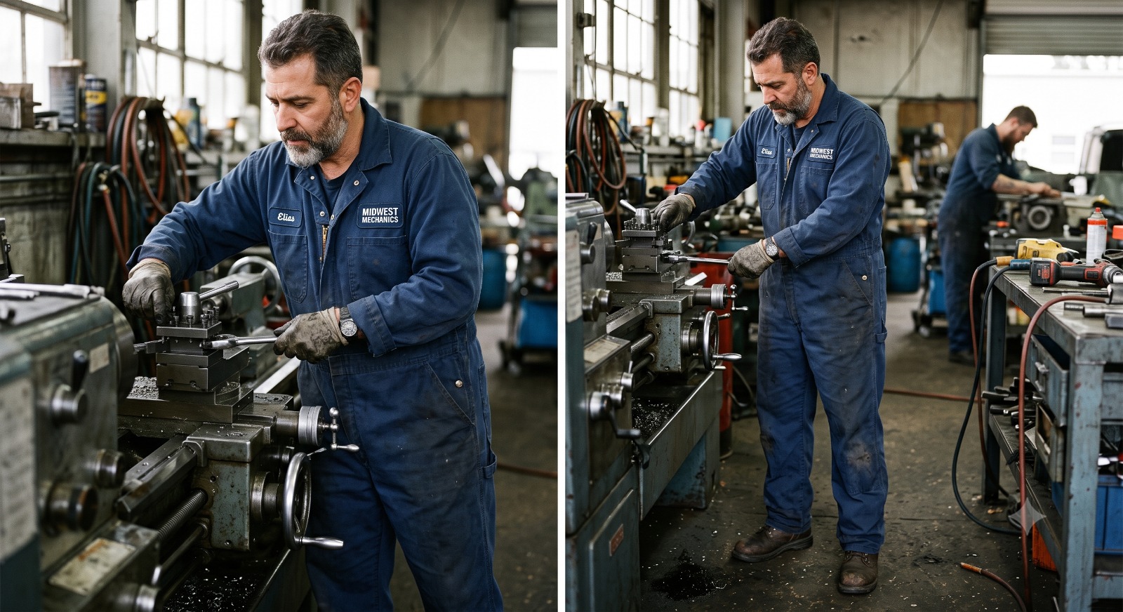 Mechanic wearing custom Midwest Mechanics embroidered coverall while working on a lathe