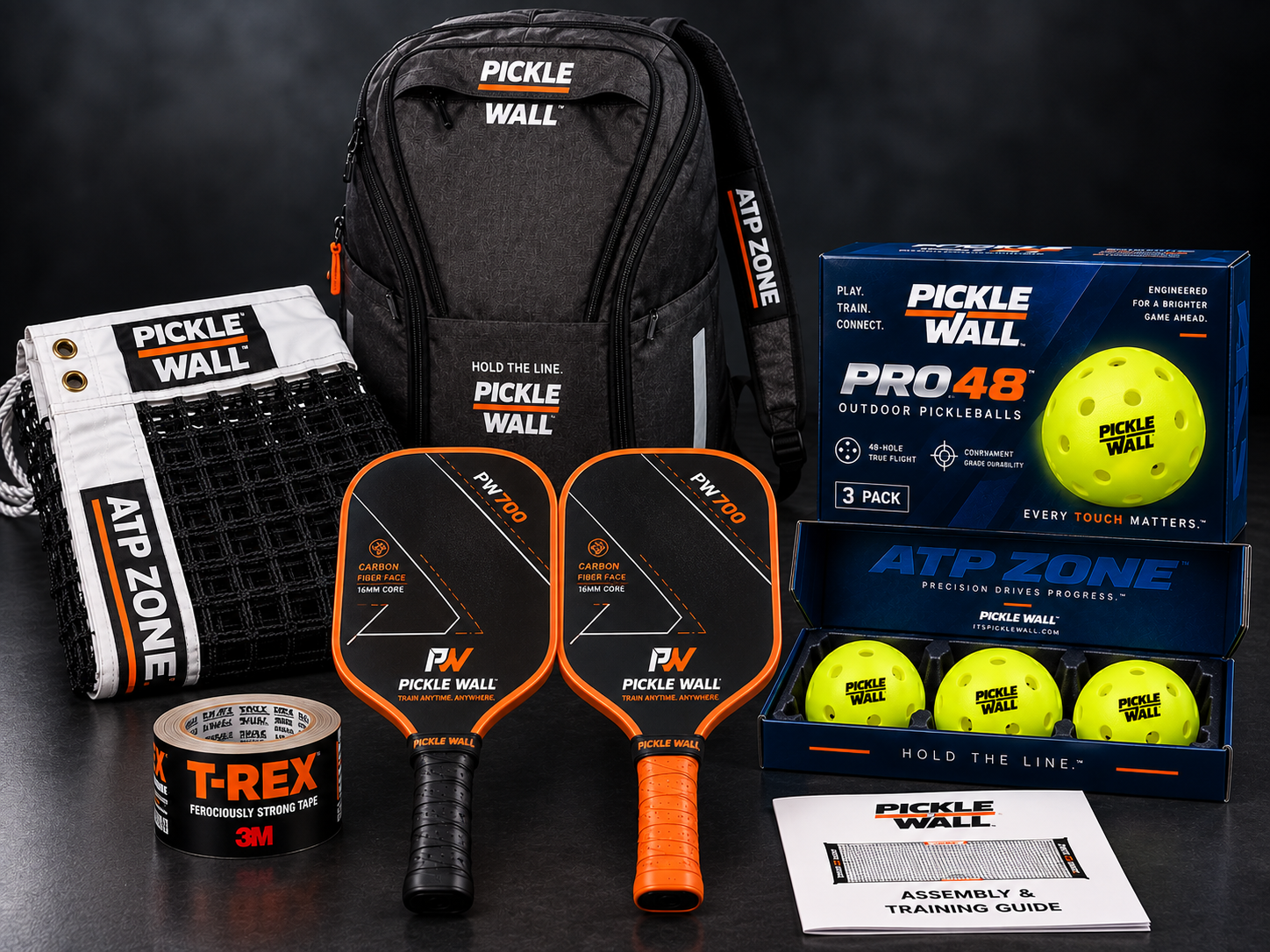 Pickle Wall™ Complete Training System — net, PW700 paddles, PRO 48 pickleballs and Pro Tour backpack, official product photography