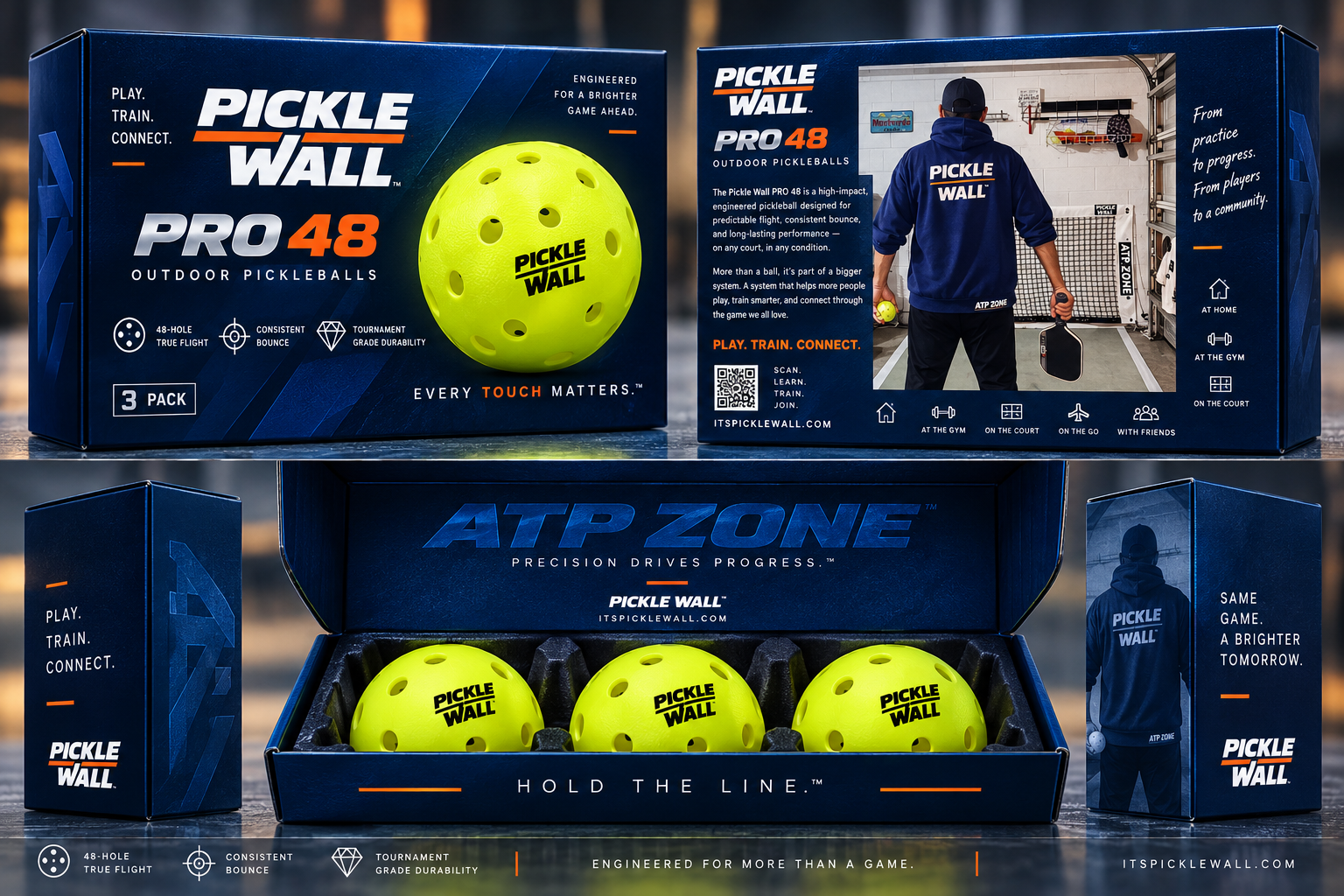 Pickle Wall™ PRO 48 Outdoor Pickleballs packaging with ATP ZONE branding