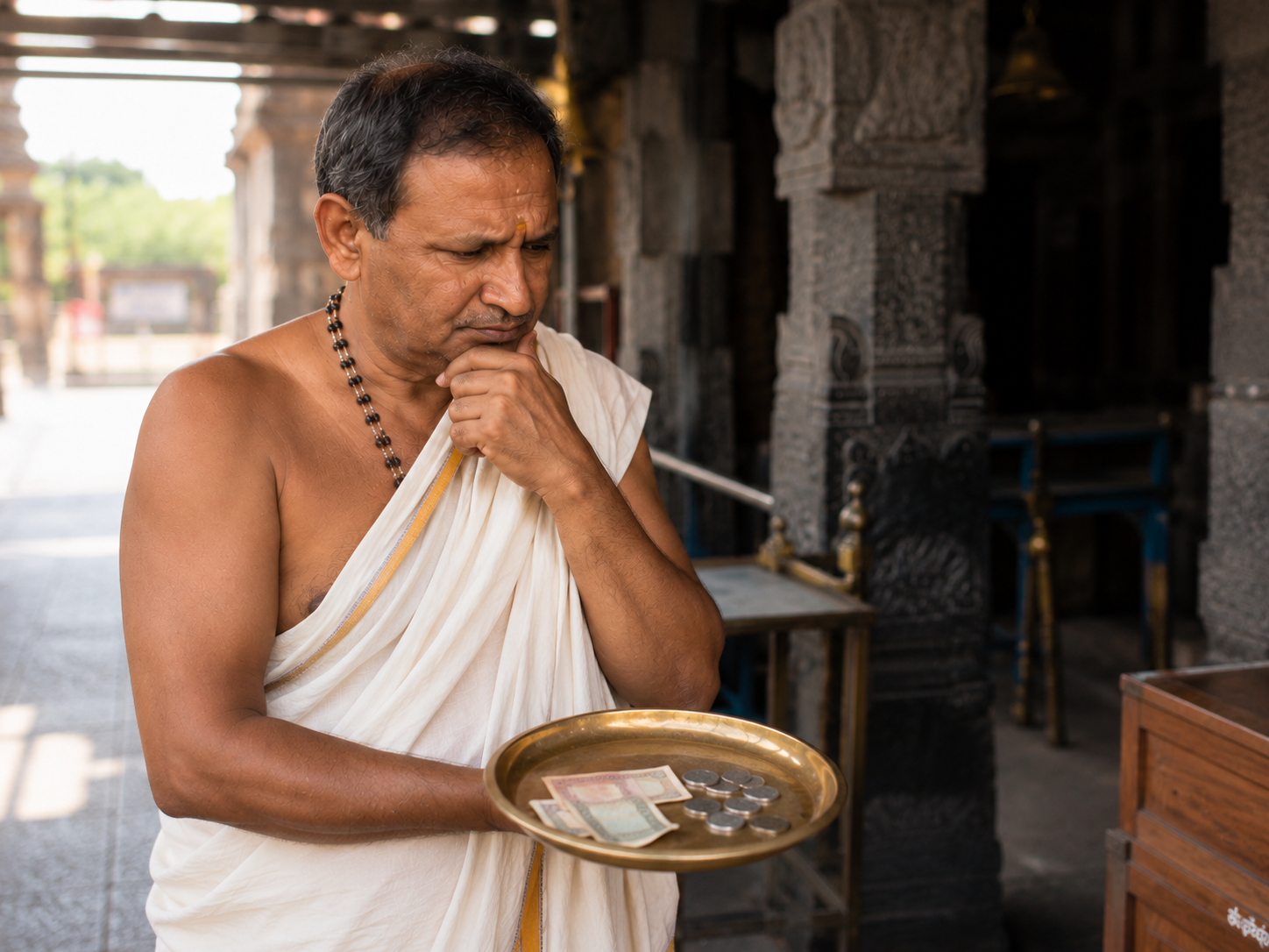 A purohith at a rural Karnataka temple, before Purohith Connect