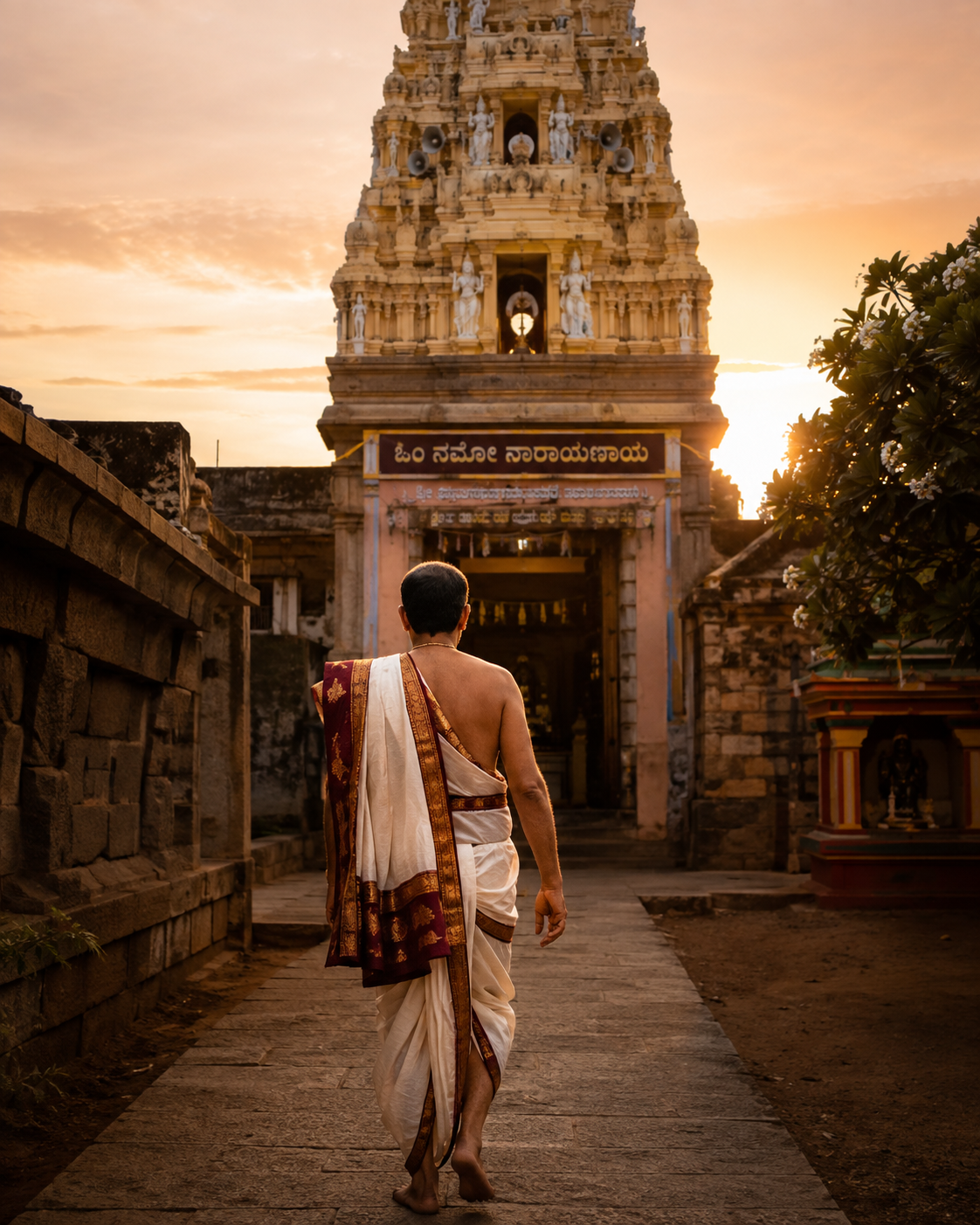 A purohith walks to a Karnataka temple at dawn