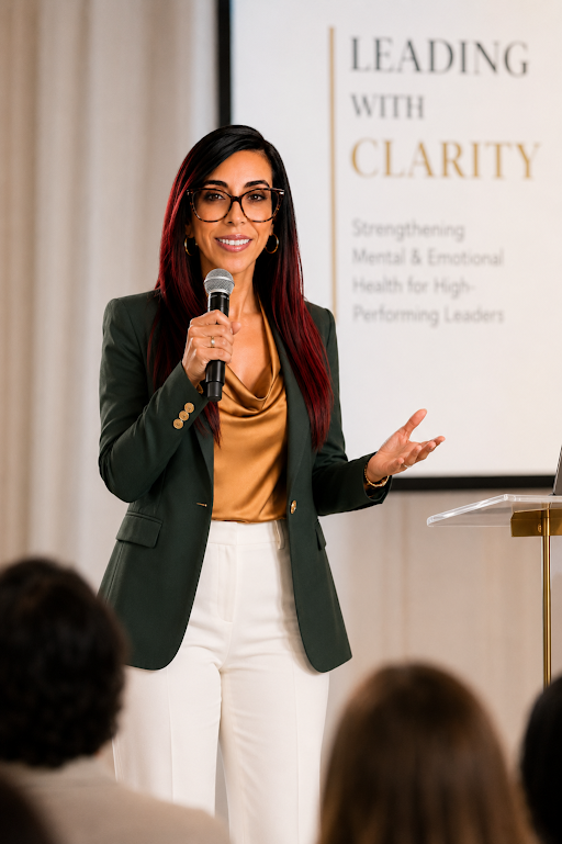Adlin Morales Aguilú speaking on stage — available for radio, TV, and podcast collaborations