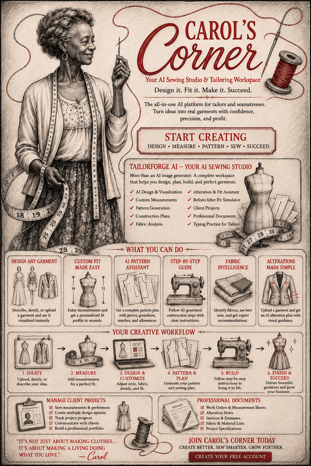 Carol's Corner — Your AI Sewing Studio & Tailoring Workspace. Design it. Fit it. Make it. Succeed.
