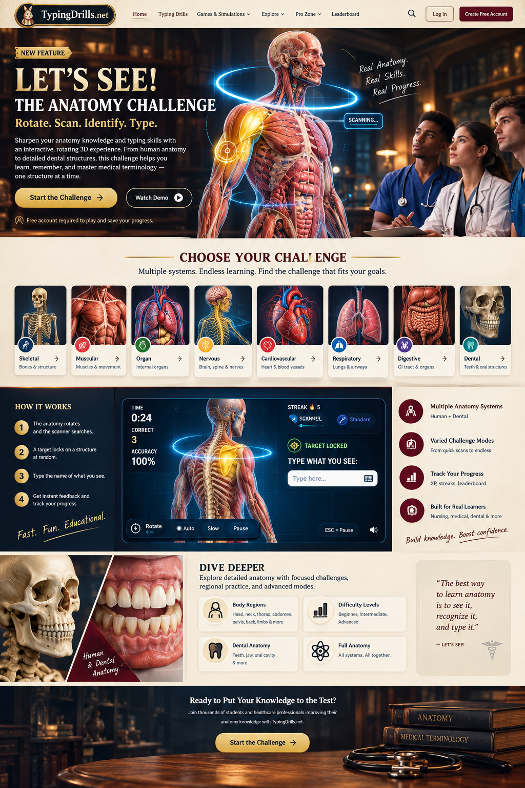 Let's See! The Anatomy Challenge — a rotating anatomical figure being observed by nursing and medical students.
