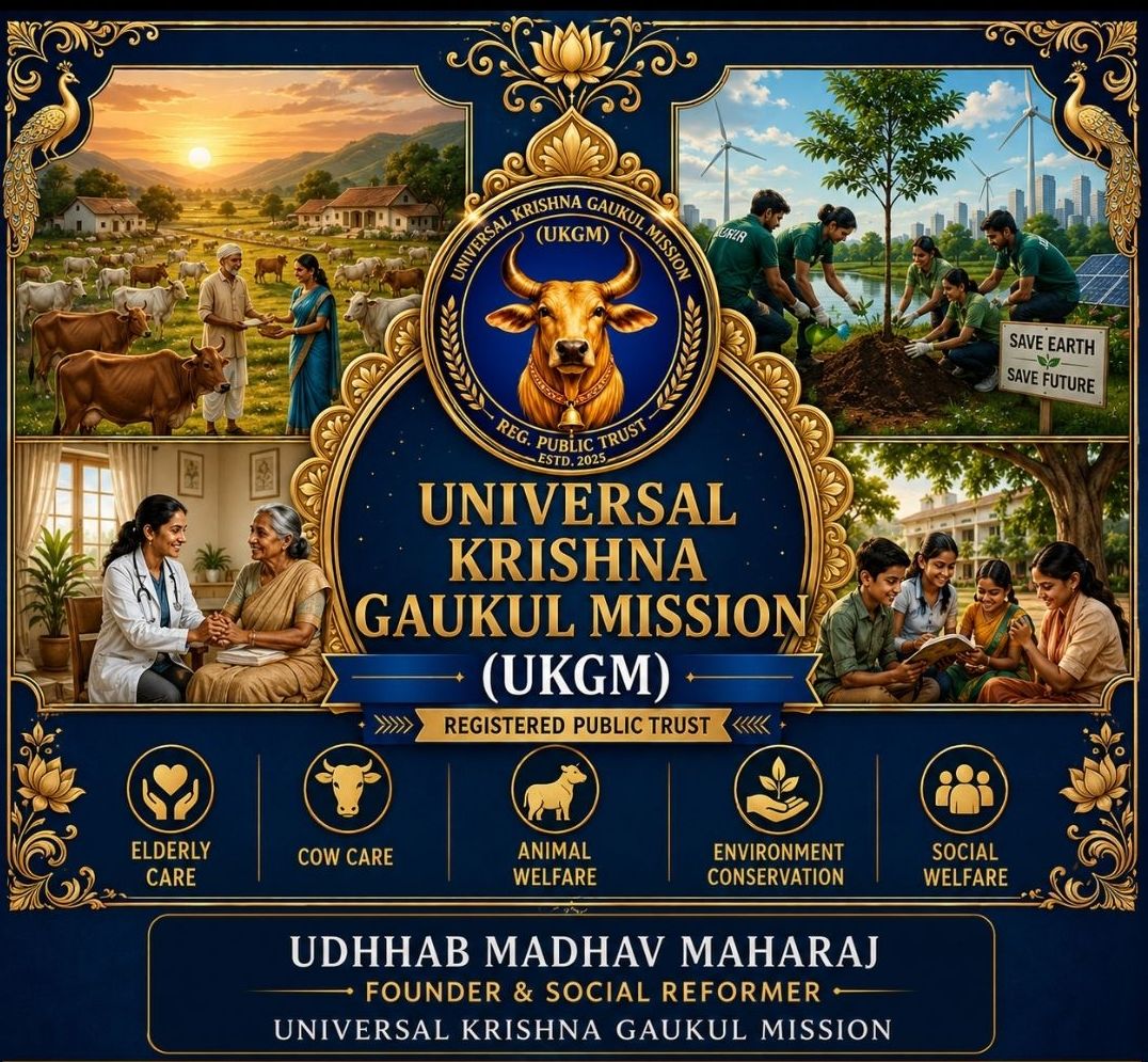 Universal Krishna Gaukul Mission — Registered Public Trust. Elderly Care · Cow Care · Animal Welfare · Environment Conservation · Social Welfare.
