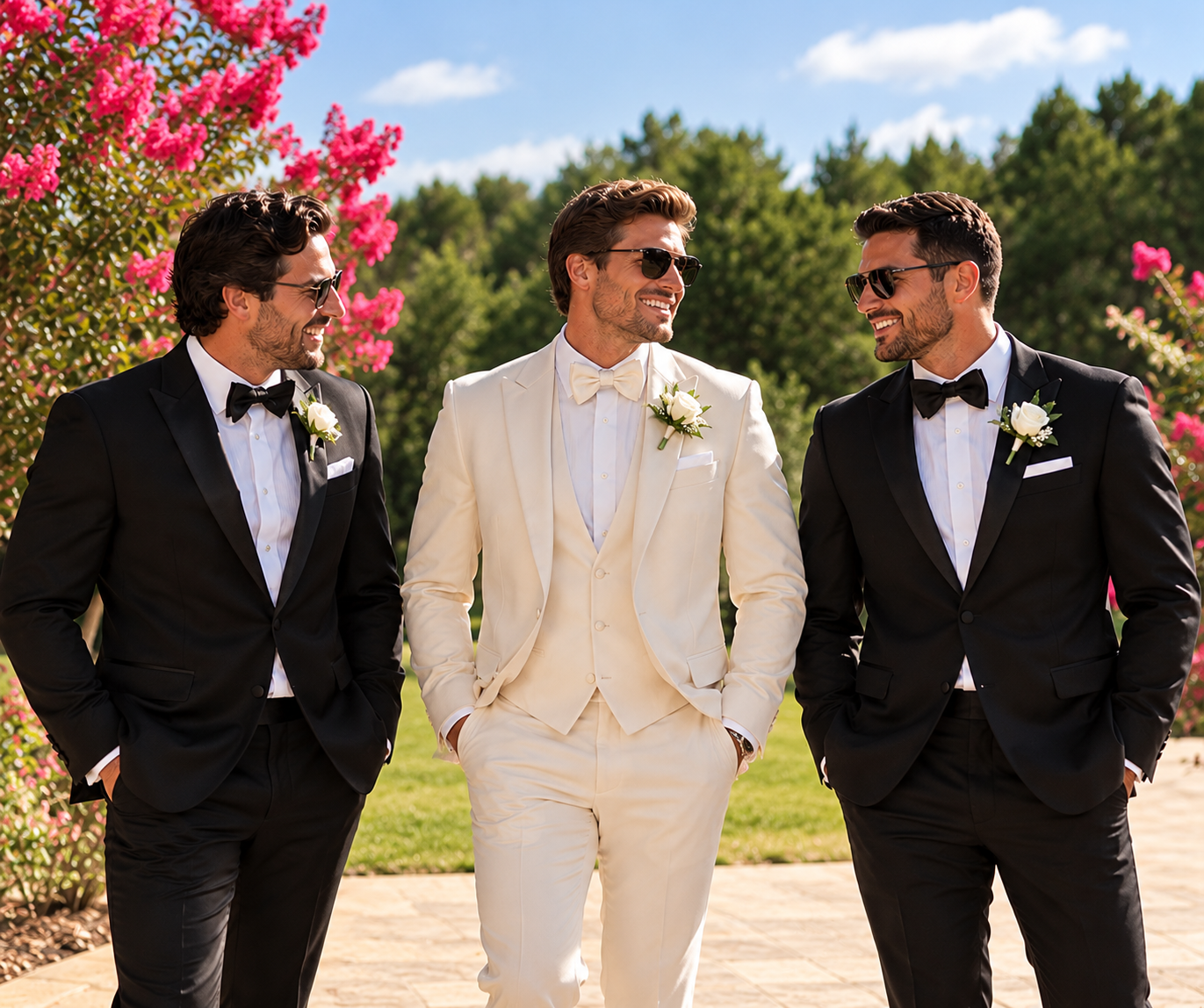 Groom and groomsmen strolling the blooming grounds