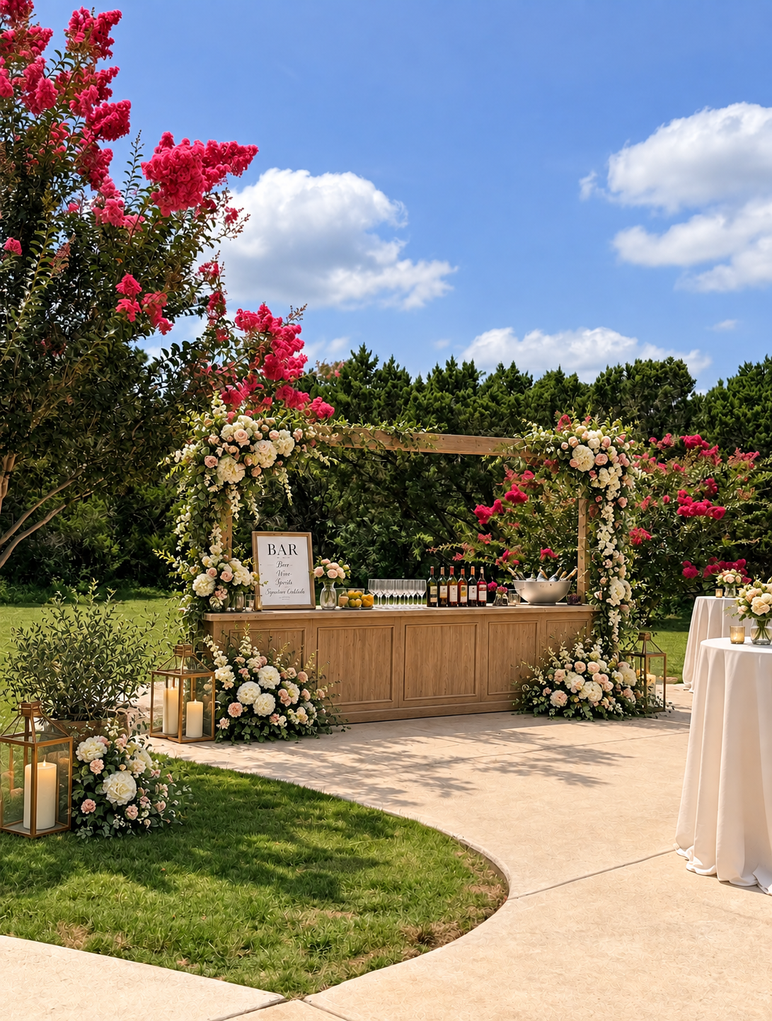 Outdoor bar setup among the crepe myrtles
