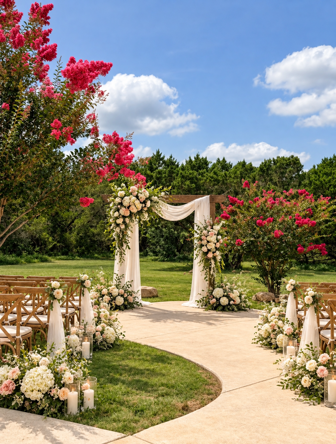 Garden ceremony arch with florals on the Pebble Farms grounds