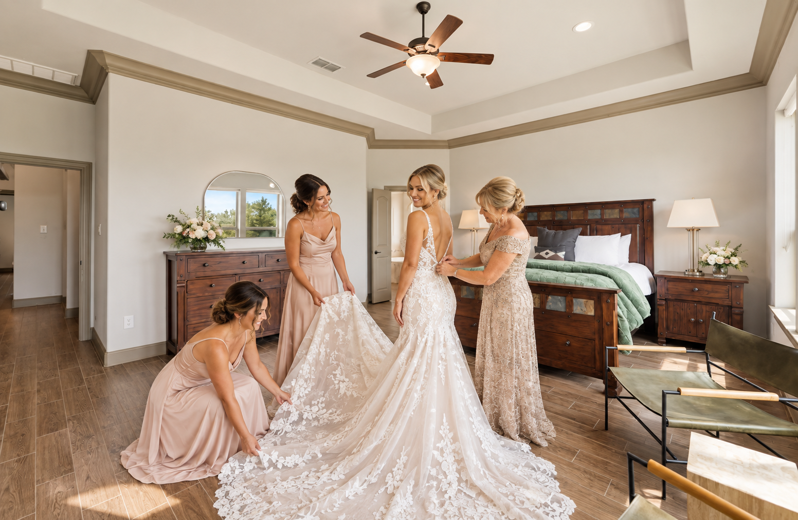 Bridal party getting ready in the primary suite